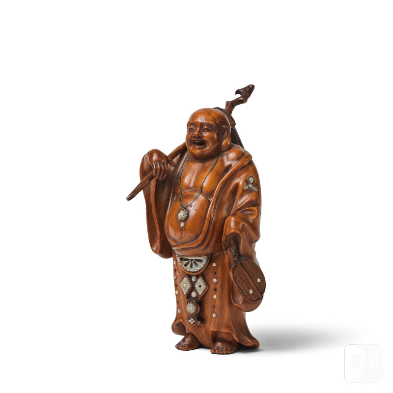 日本 明治/昭和時代 黃楊木錯銀錯螺鈿菩提達摩像 | STATUETTE DE BODHIDHARMA EN BUIS ET INCRUSTATIONS EN NACRE ET ARGENT - 图5